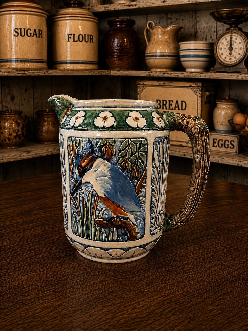 Antique Weller Pottery ZONA Kingfisher Relief Pitcher / Jug